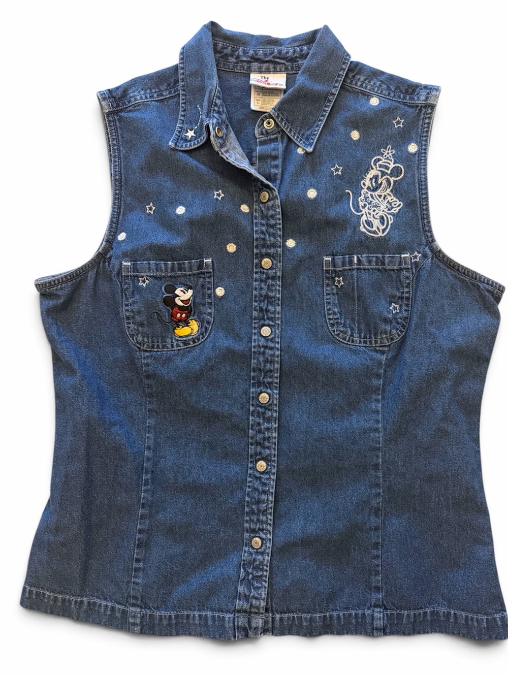 Disney Denim Sleeveless Button-Front Shirt with Mickey Minnie Embroidered 90s